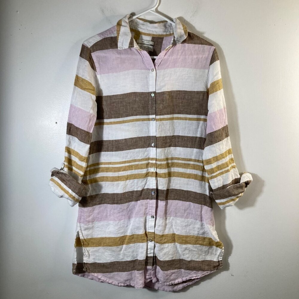 Womens Rachel Zoe Linen Button Striped Tunic Brown Pink White M